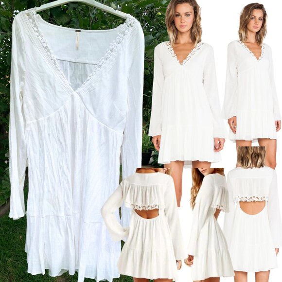 FREE PEOPLE Gentle Dreamer White Crepe Long Sleeve Mini Dress, Open Back - Sz L - Picture 1 of 16
